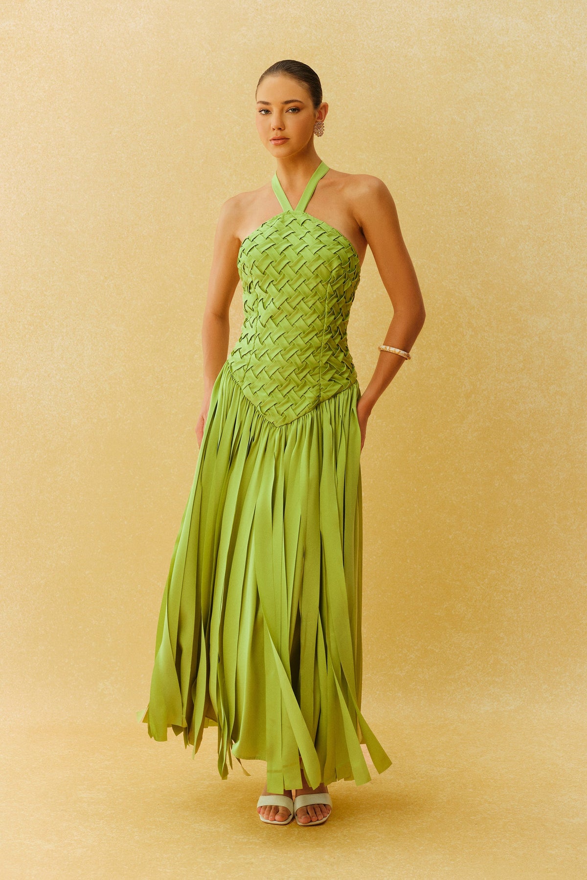Green Satin Woven Bodice Fringe Halter-Neck Formal Maxi Dress