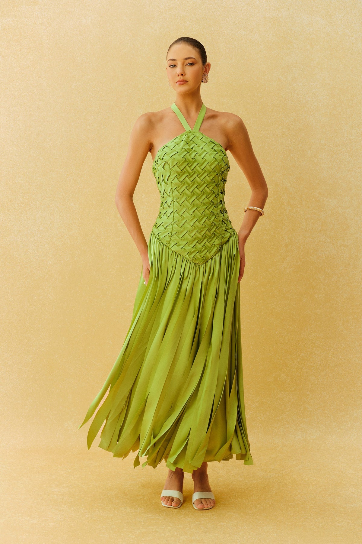 Green Satin Woven Bodice Fringe Halter-Neck Formal Maxi Dress