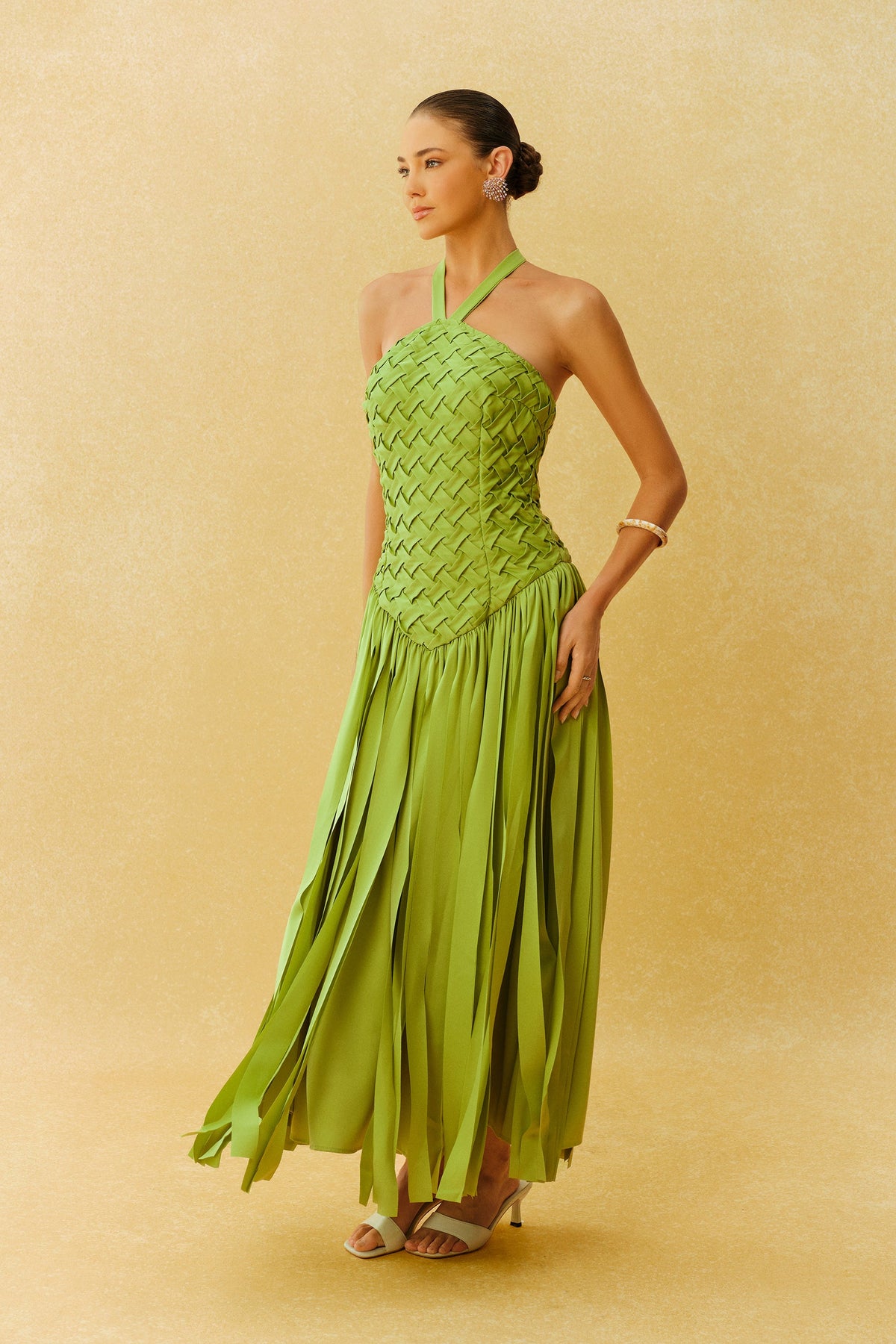 Green Satin Woven Bodice Fringe Halter-Neck Formal Maxi Dress