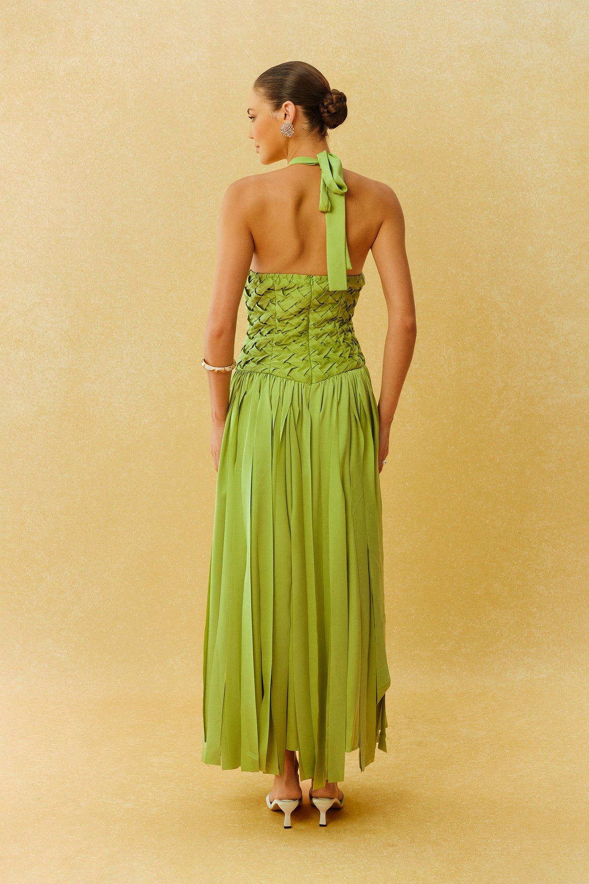 Green Satin Woven Bodice Fringe Halter-Neck Formal Maxi Dress