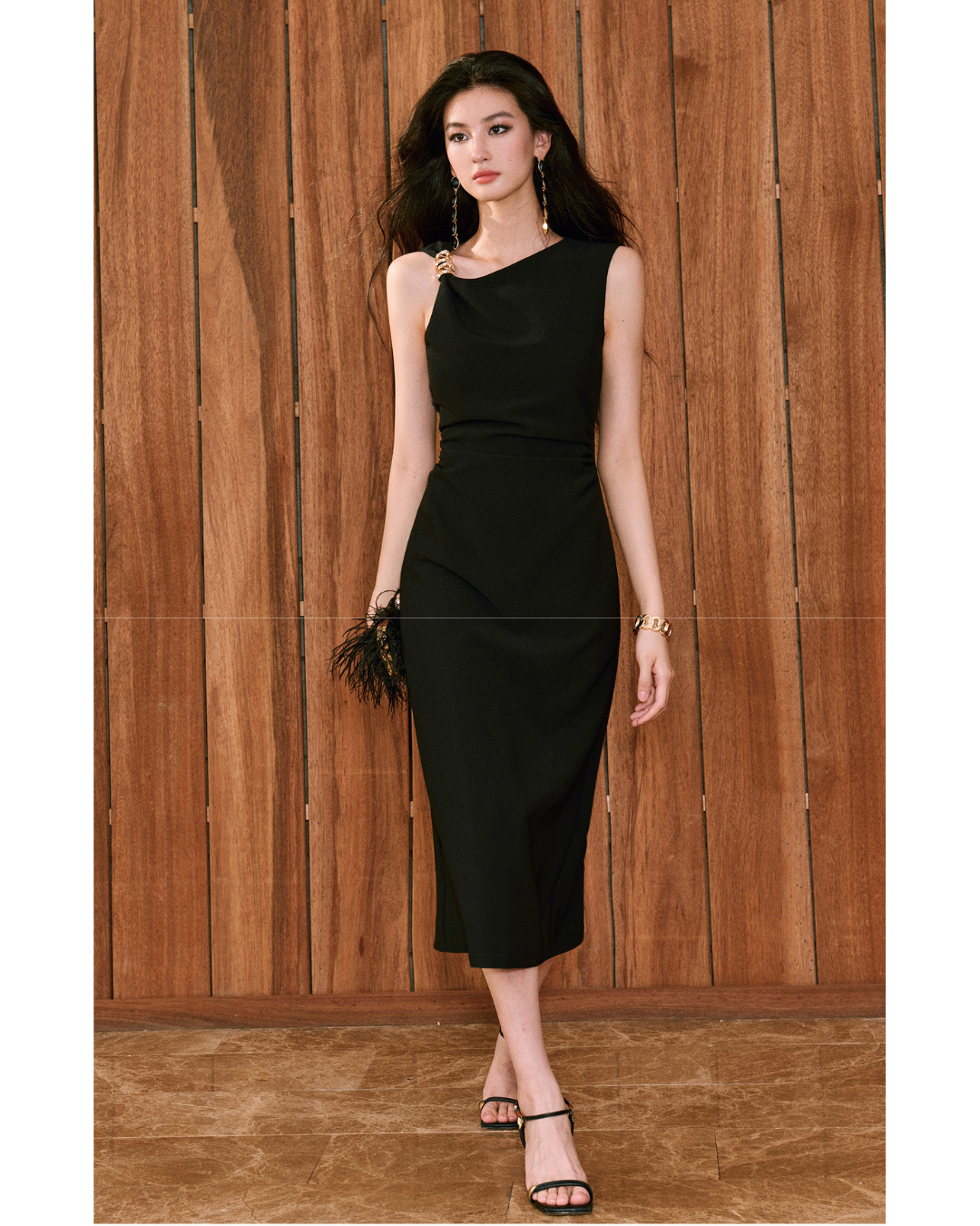 Micro-elastic Twill Dress - Asymmetrical Ruched Waist