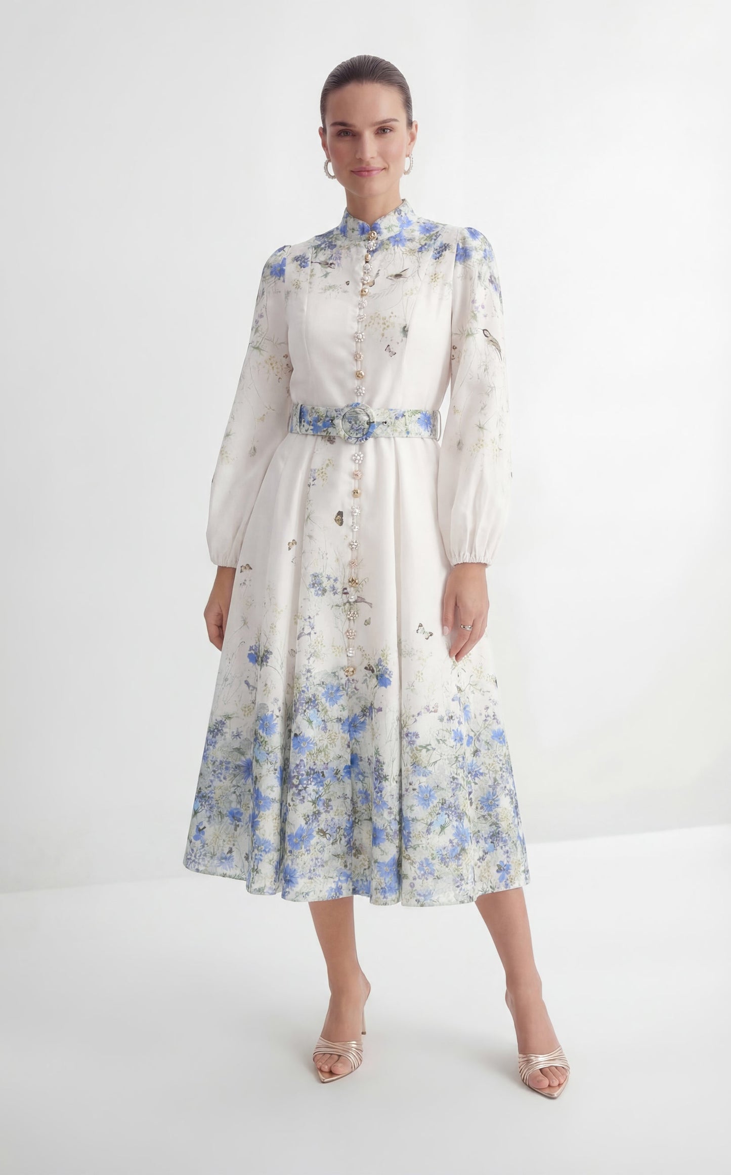 Nadia Exquisite White Floral Print Balloon Sleeve Maxi Dress