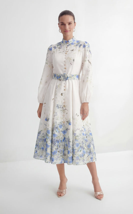 Nadia Exquisite White Floral Print Balloon Sleeve Maxi Dress