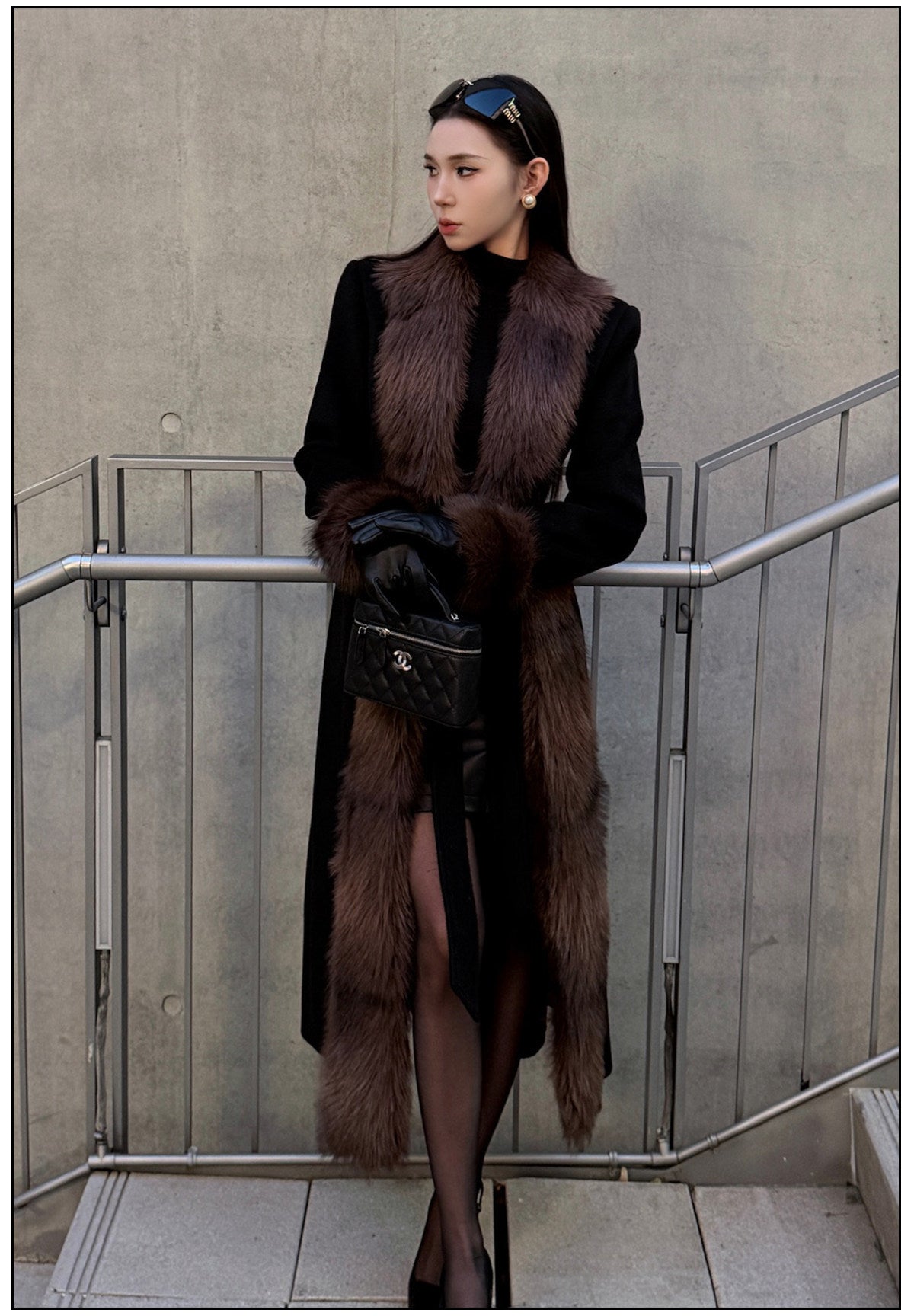 Wool Blend Long Coat with Faux Fur Collar