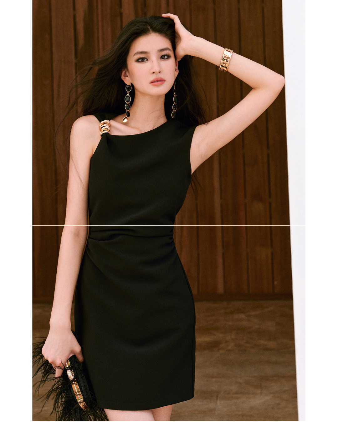 Micro-elastic Twill Dress - Asymmetrical Ruched Waist