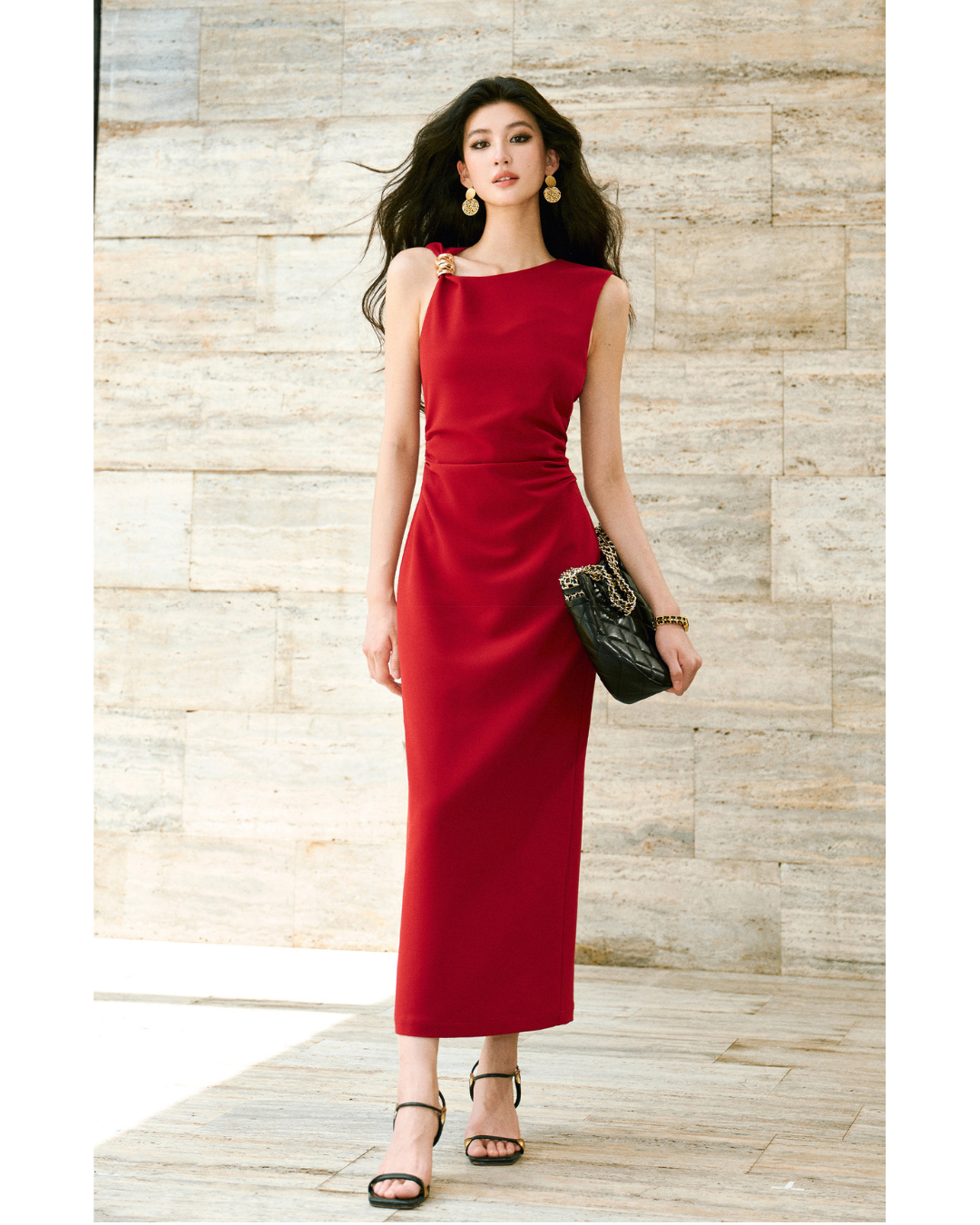 Micro-elastic Twill Dress - Asymmetrical Ruched Waist