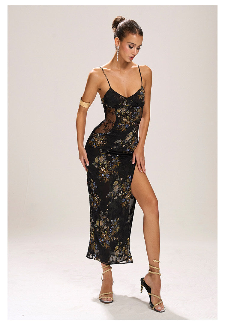Polyester Long Dress with Lace Design