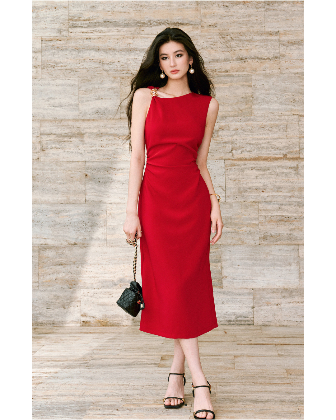 Micro-elastic Twill Dress - Asymmetrical Ruched Waist