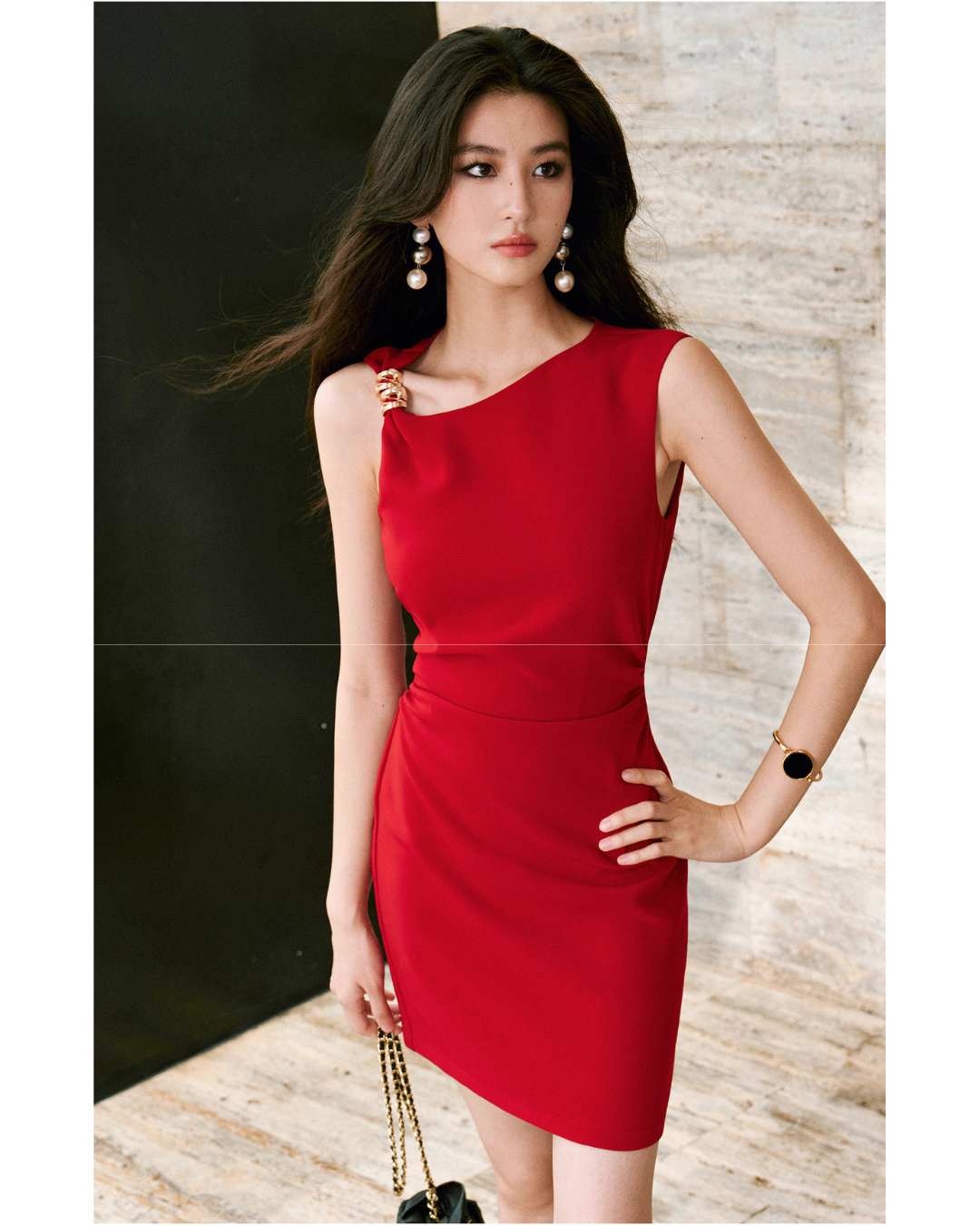 Micro-elastic Twill Dress - Asymmetrical Ruched Waist