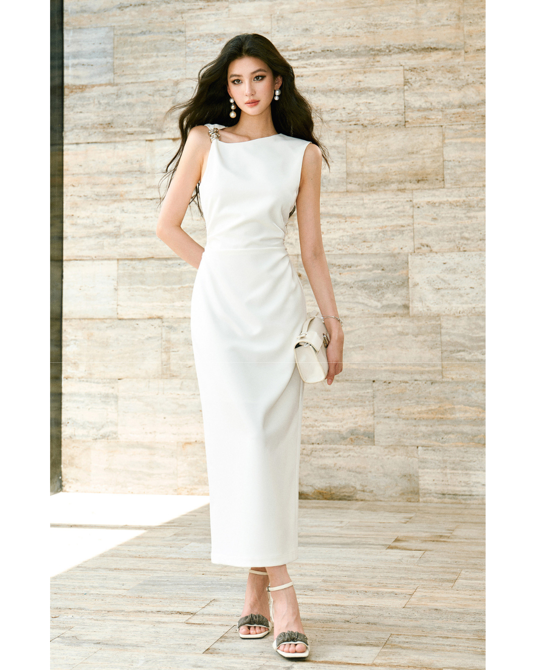Micro-elastic Twill Dress - Asymmetrical Ruched Waist