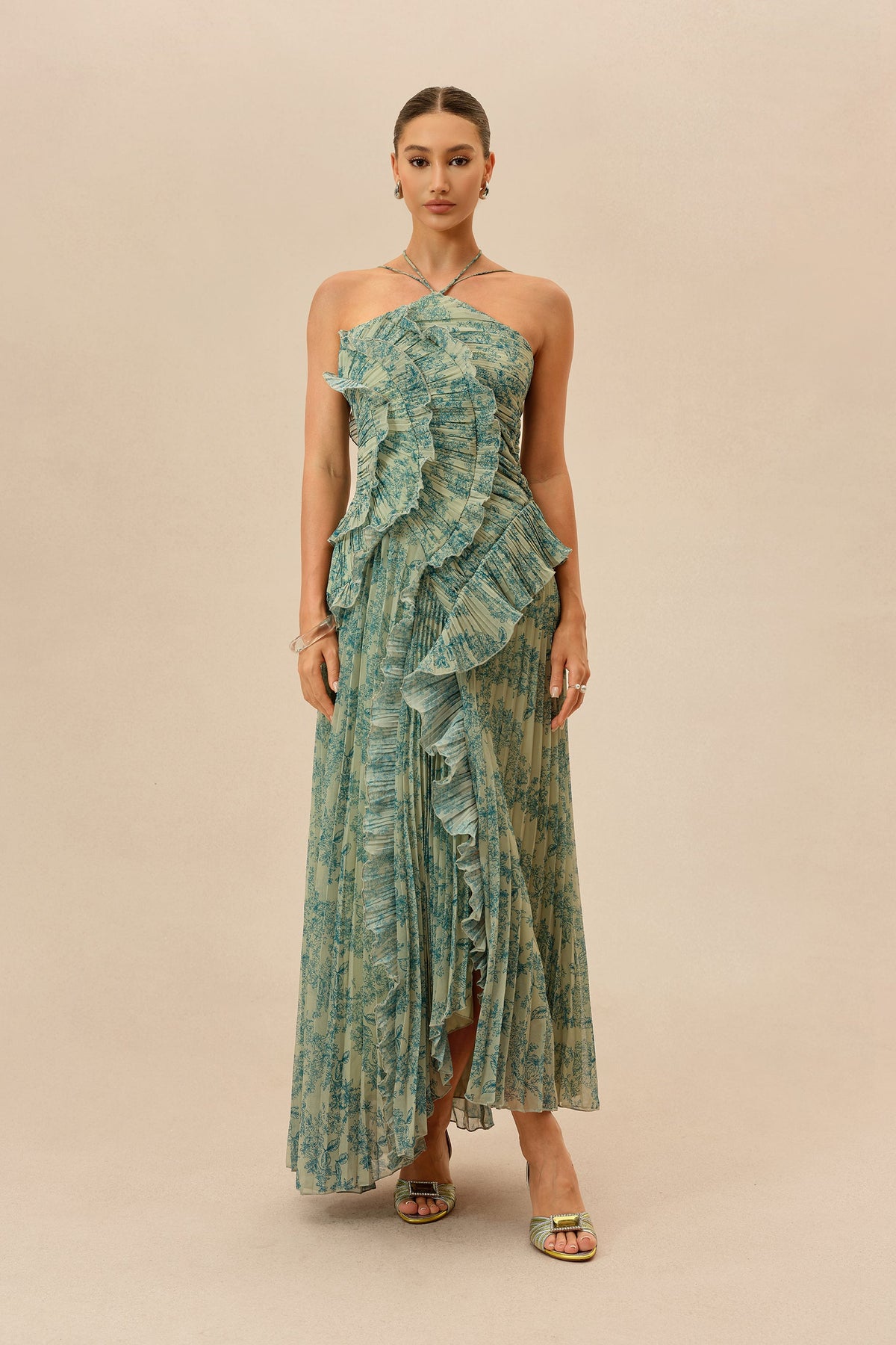 Dark Green Floral Print Chiffon Ruffle Trim Halter-Neck Maxi Dress