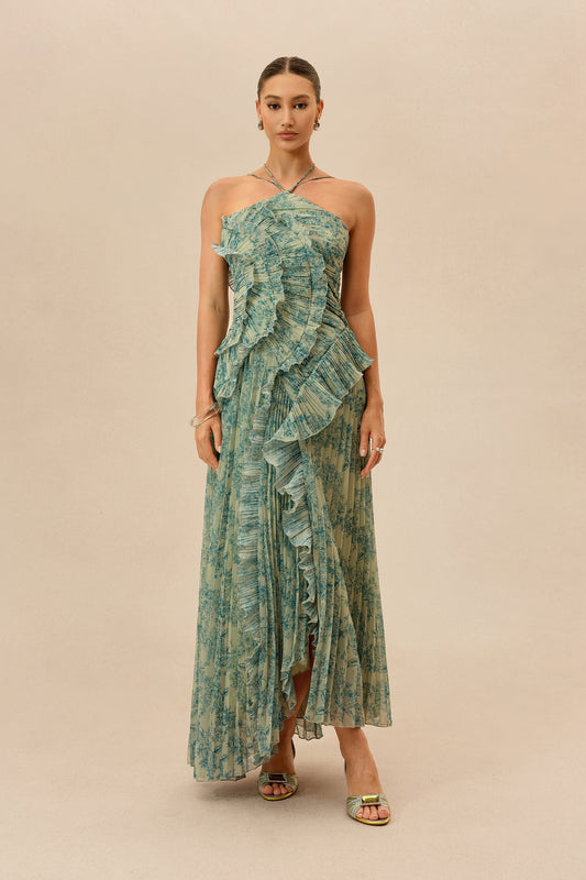 Dark Green Floral Print Chiffon Ruffle Trim Halter-Neck Maxi Dress