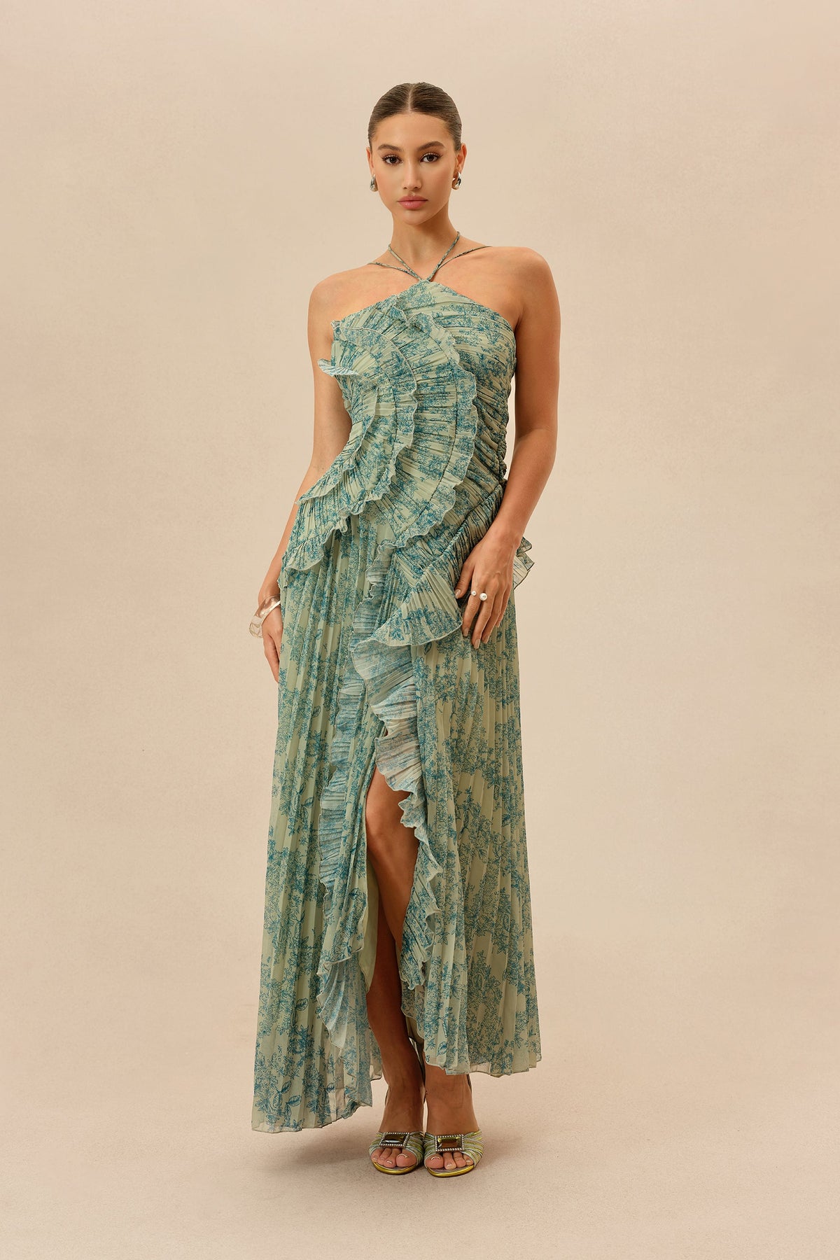 Dark Green Floral Print Chiffon Ruffle Trim Halter-Neck Maxi Dress