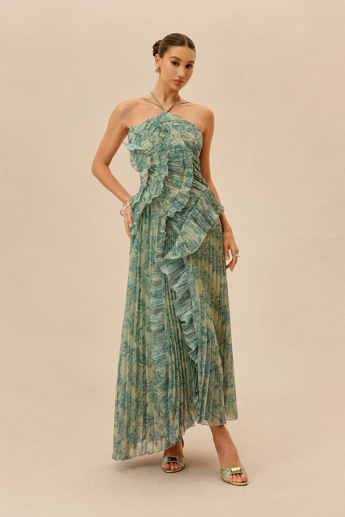 Dark Green Floral Print Chiffon Ruffle Trim Halter-Neck Maxi Dress