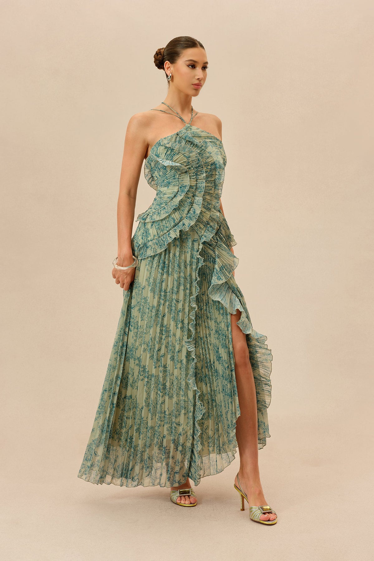 Dark Green Floral Print Chiffon Ruffle Trim Halter-Neck Maxi Dress