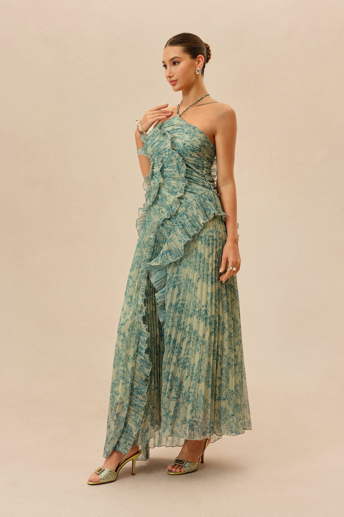 Dark Green Floral Print Chiffon Ruffle Trim Halter-Neck Maxi Dress