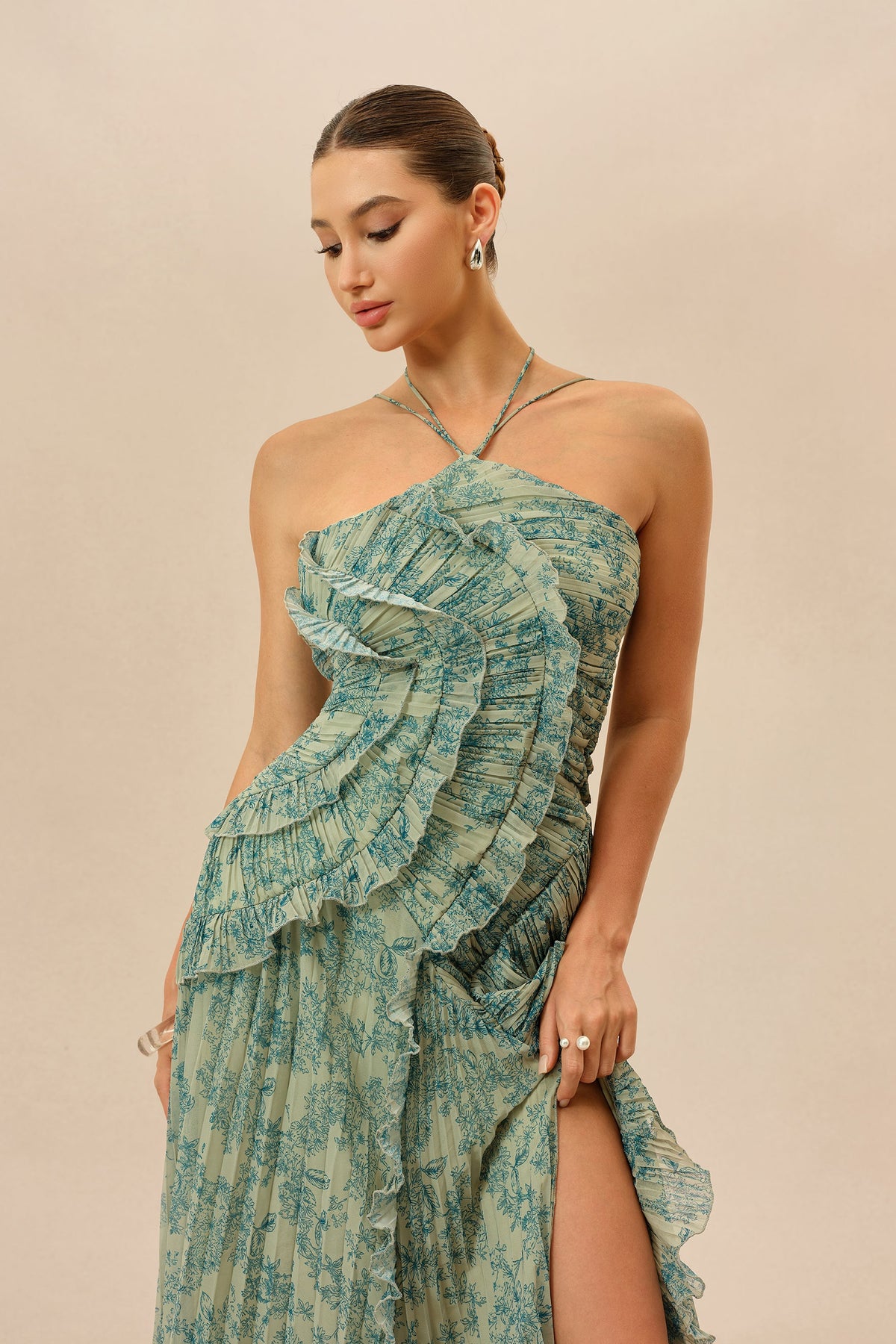 Dark Green Floral Print Chiffon Ruffle Trim Halter-Neck Maxi Dress