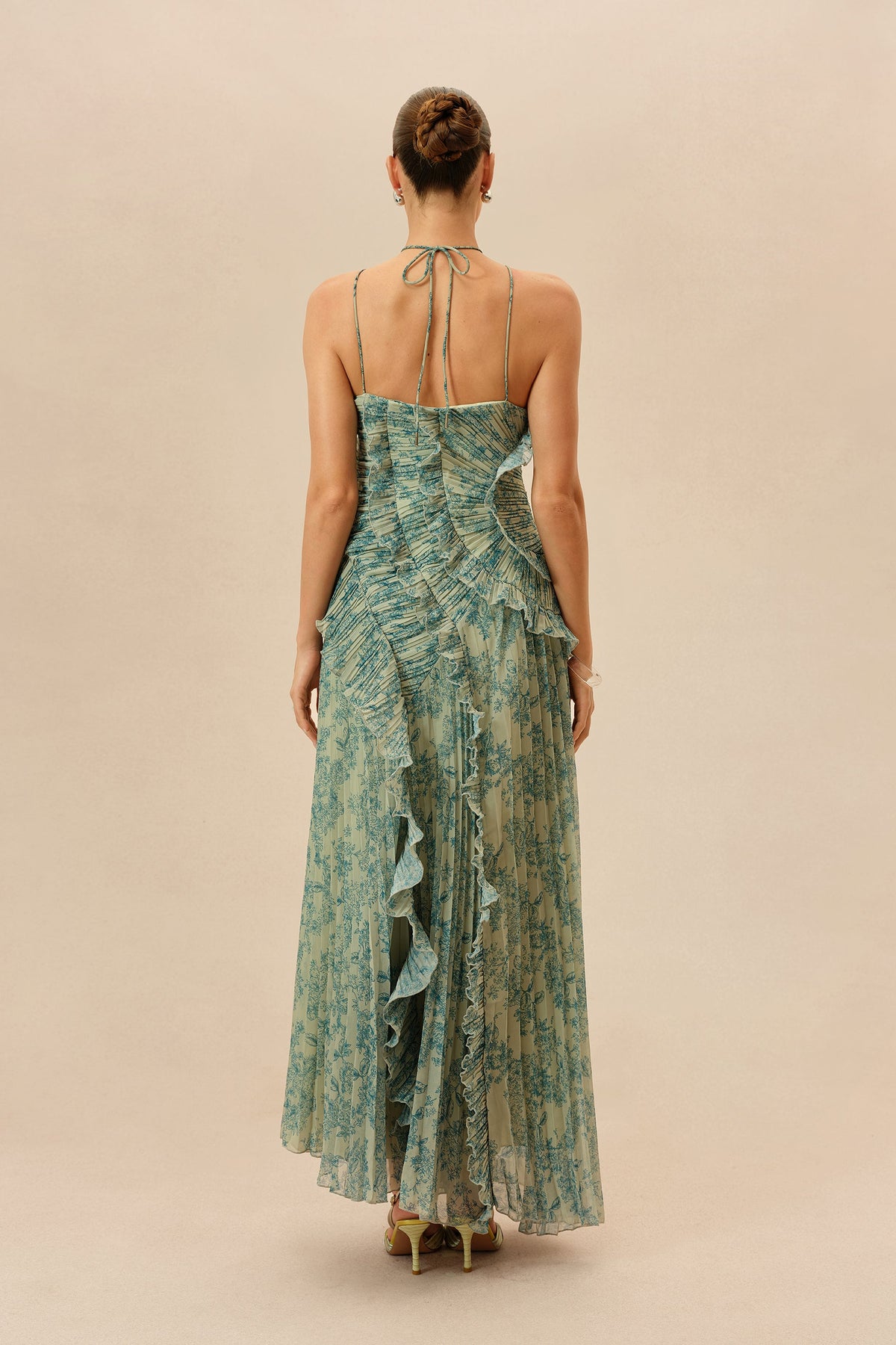 Dark Green Floral Print Chiffon Ruffle Trim Halter-Neck Maxi Dress