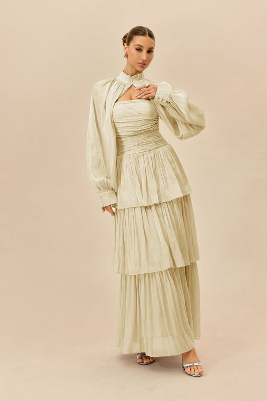 Beige Chiffon Detachable Sleeve Tiered Wedding Guest Maxi Dress