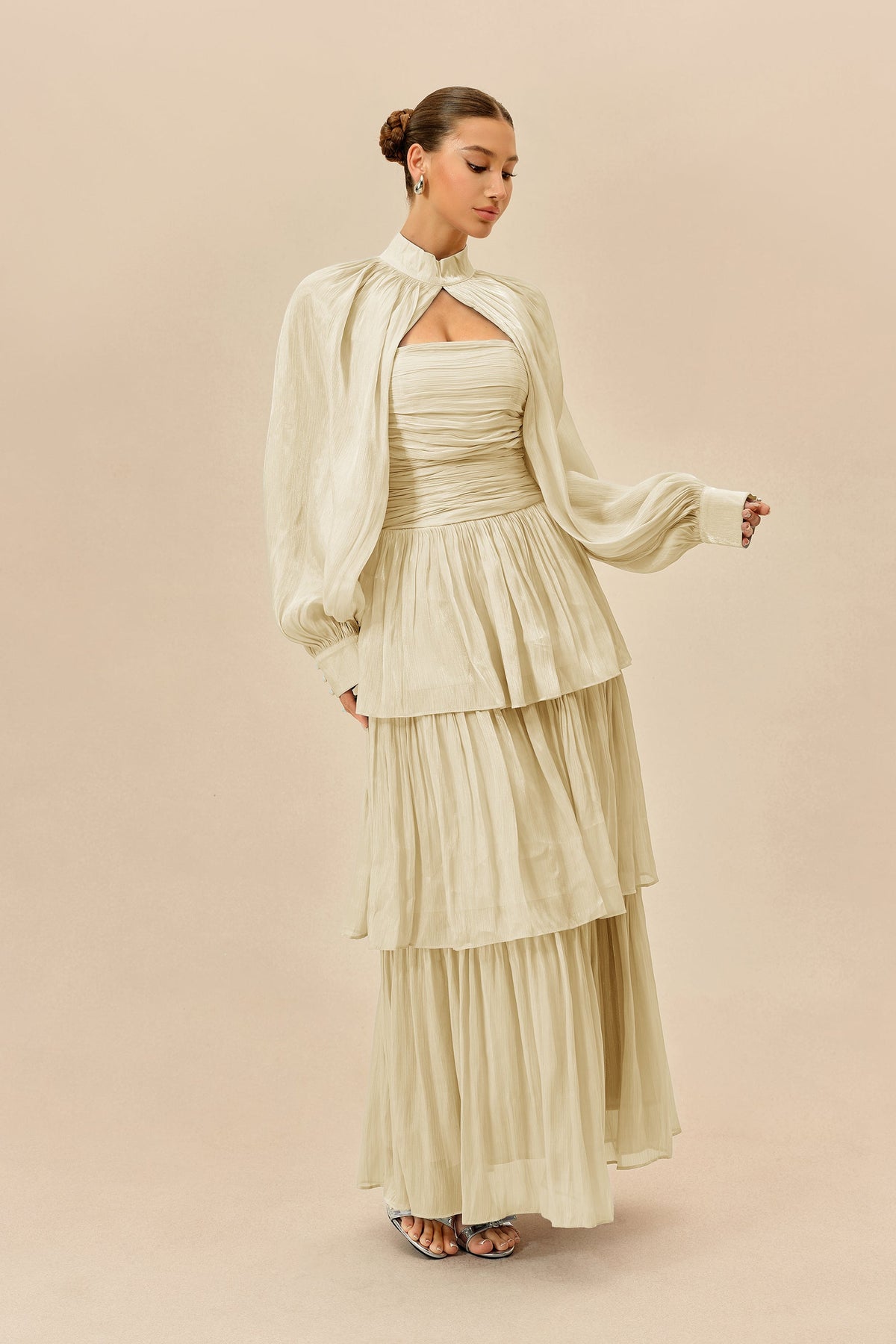 Beige Chiffon Detachable Sleeve Tiered Wedding Guest Maxi Dress