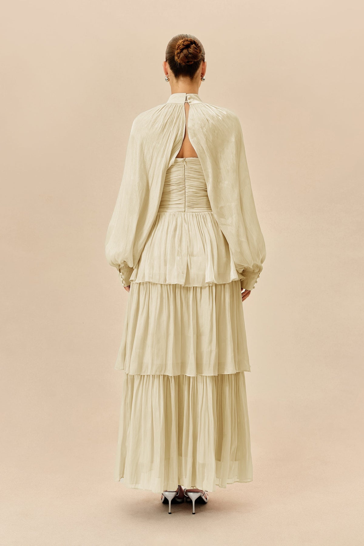 Beige Chiffon Detachable Sleeve Tiered Wedding Guest Maxi Dress