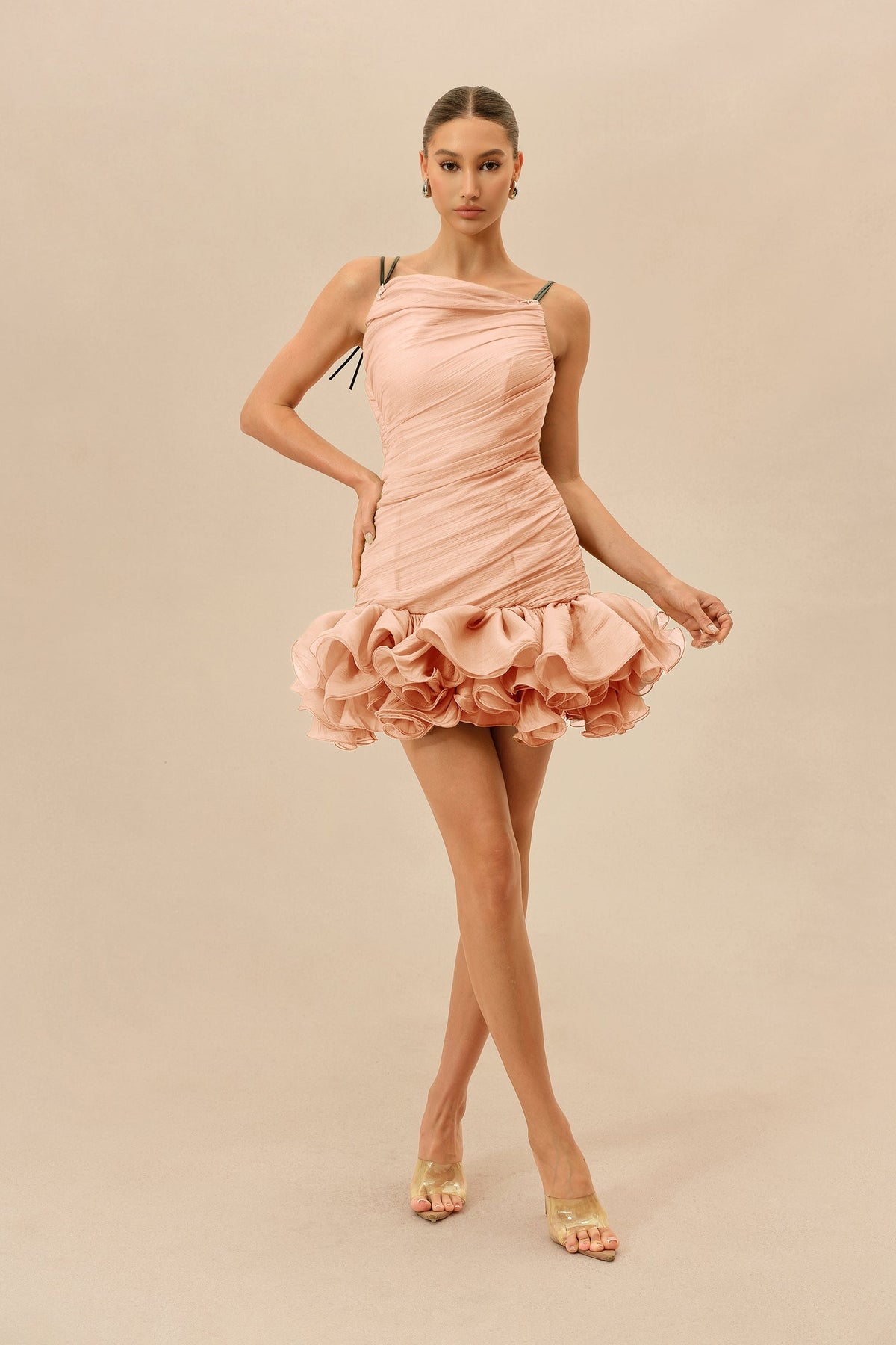 Pink Ruched Bodice Asymmetric Neckline Ruffled Hem Party Mini Dress