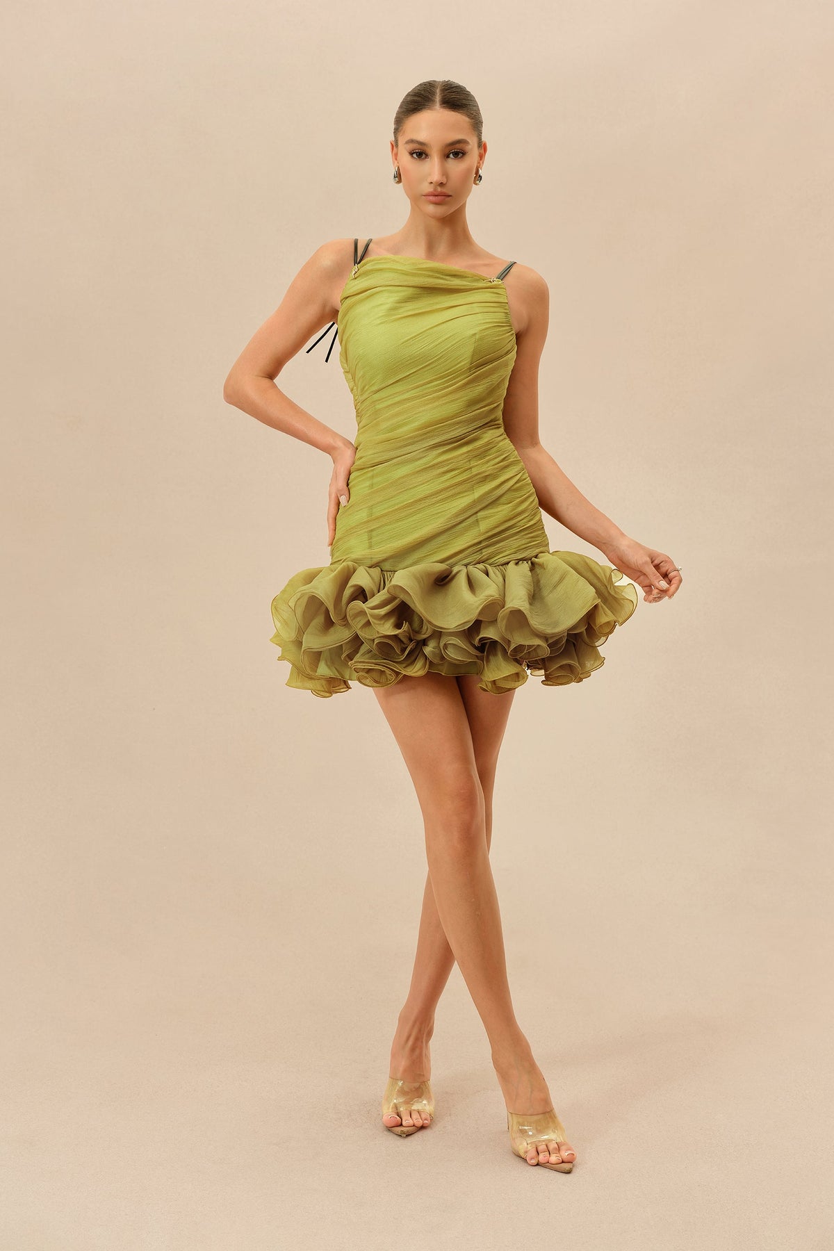 Olive Ruched Bodice Ruffled Hem Asymmetric Neckline Party Mini Dress