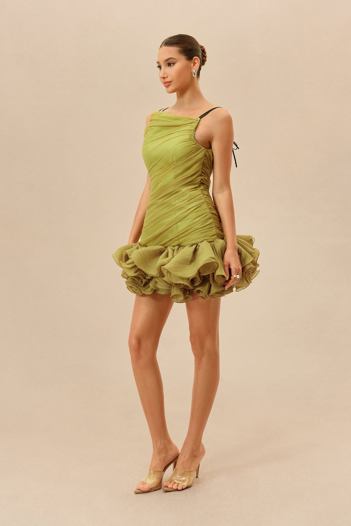 Olive Ruched Bodice Ruffled Hem Asymmetric Neckline Party Mini Dress