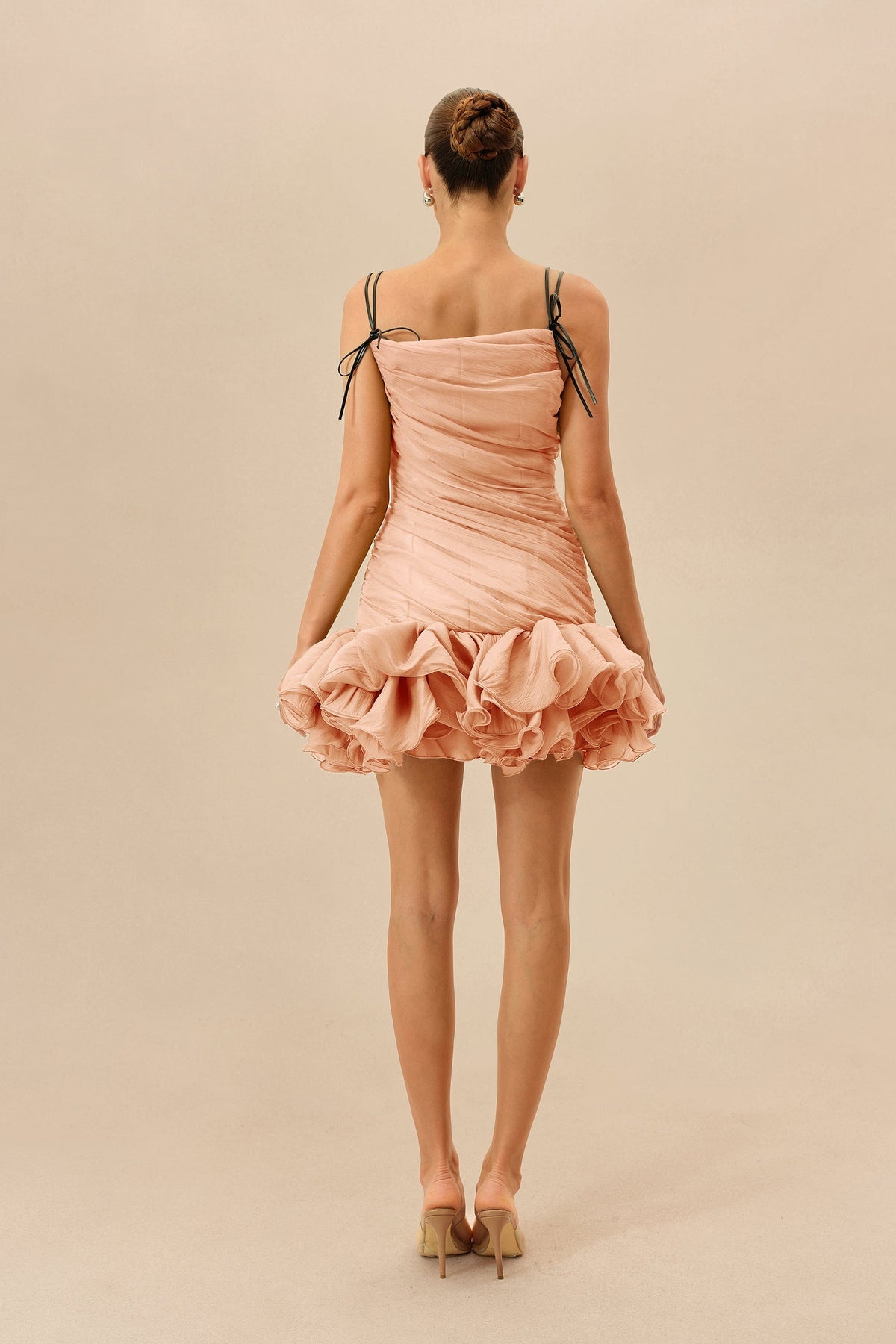 Pink Ruched Bodice Asymmetric Neckline Ruffled Hem Party Mini Dress