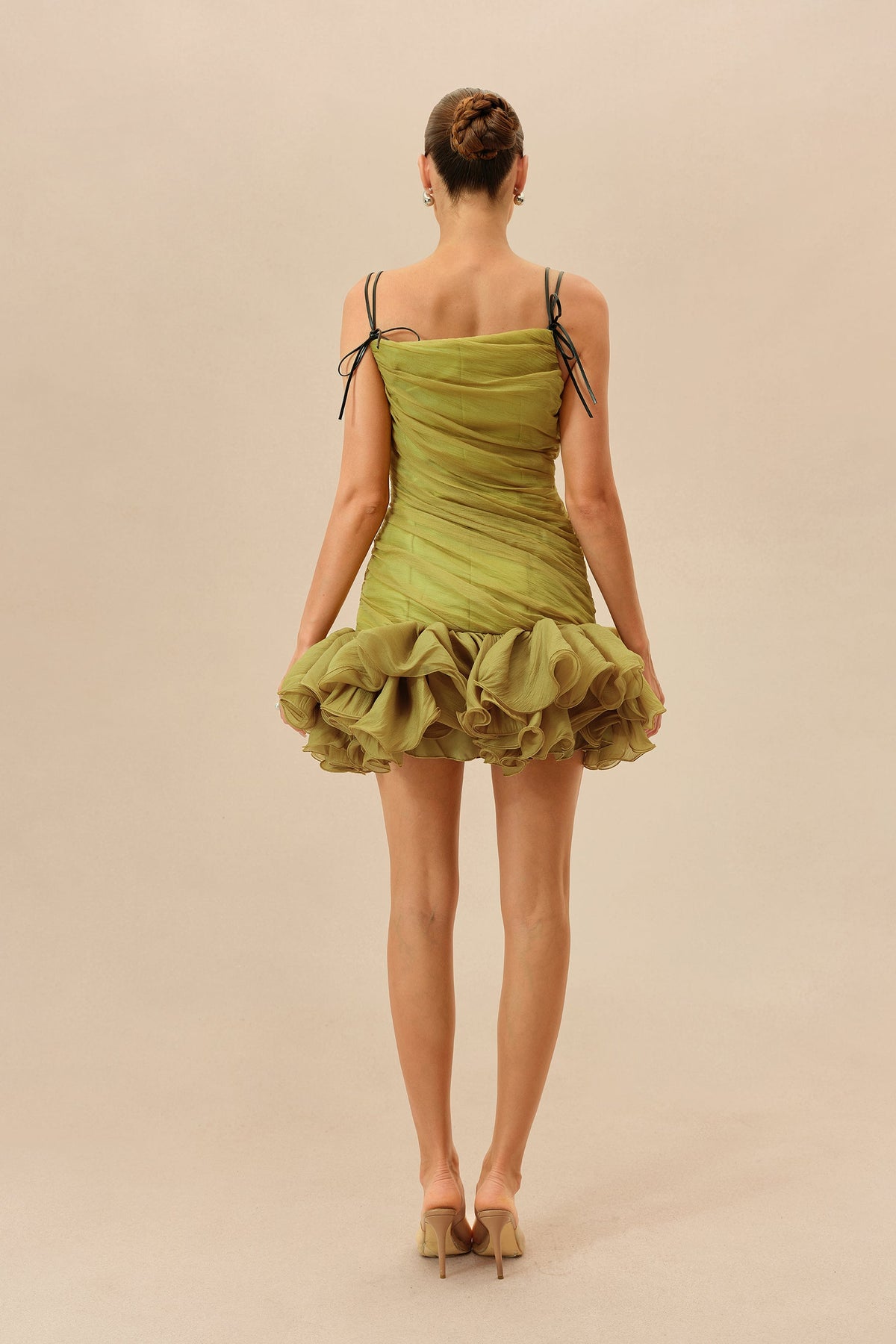 Olive Ruched Bodice Ruffled Hem Asymmetric Neckline Party Mini Dress