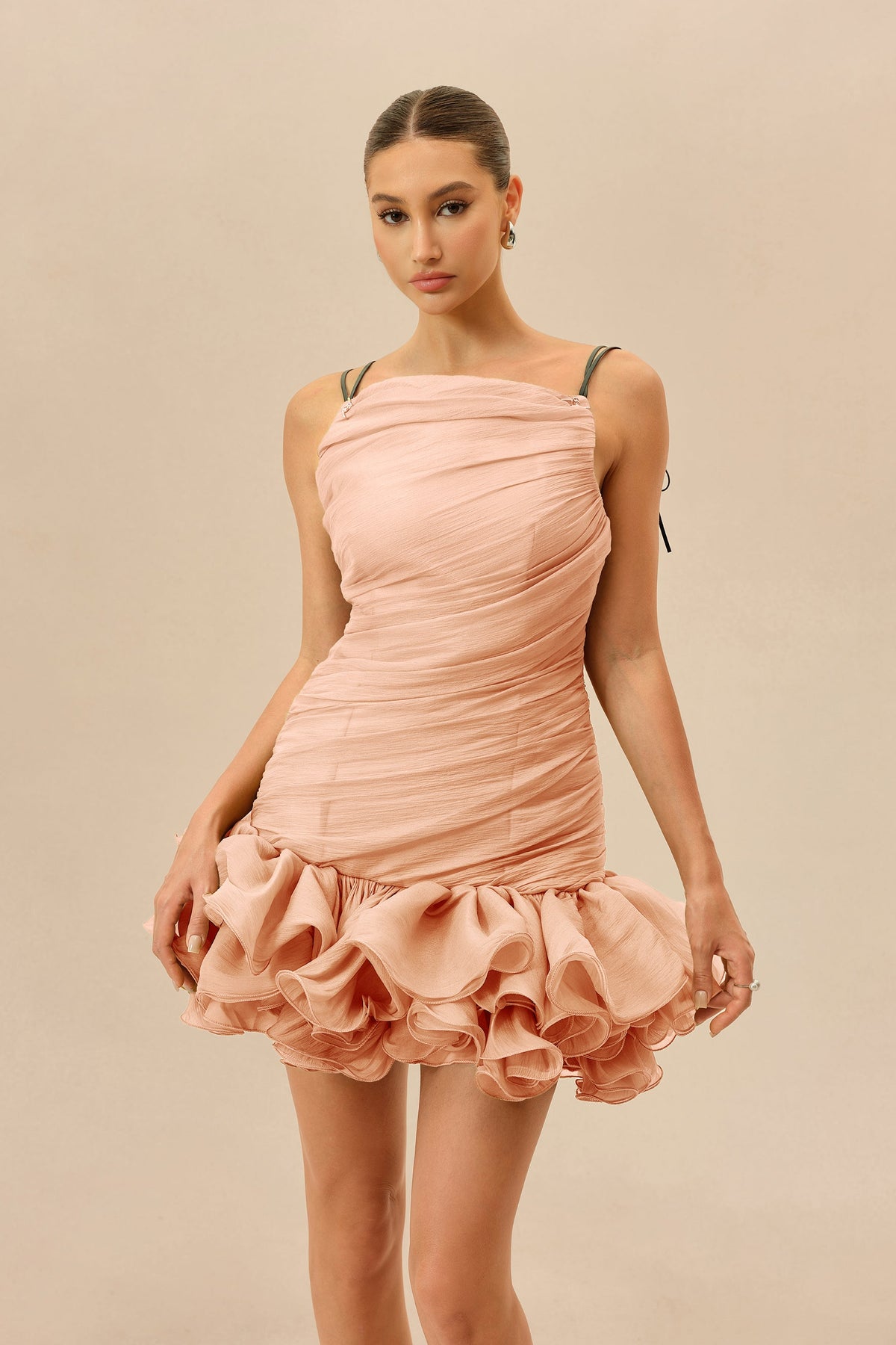 Pink Ruched Bodice Asymmetric Neckline Ruffled Hem Party Mini Dress