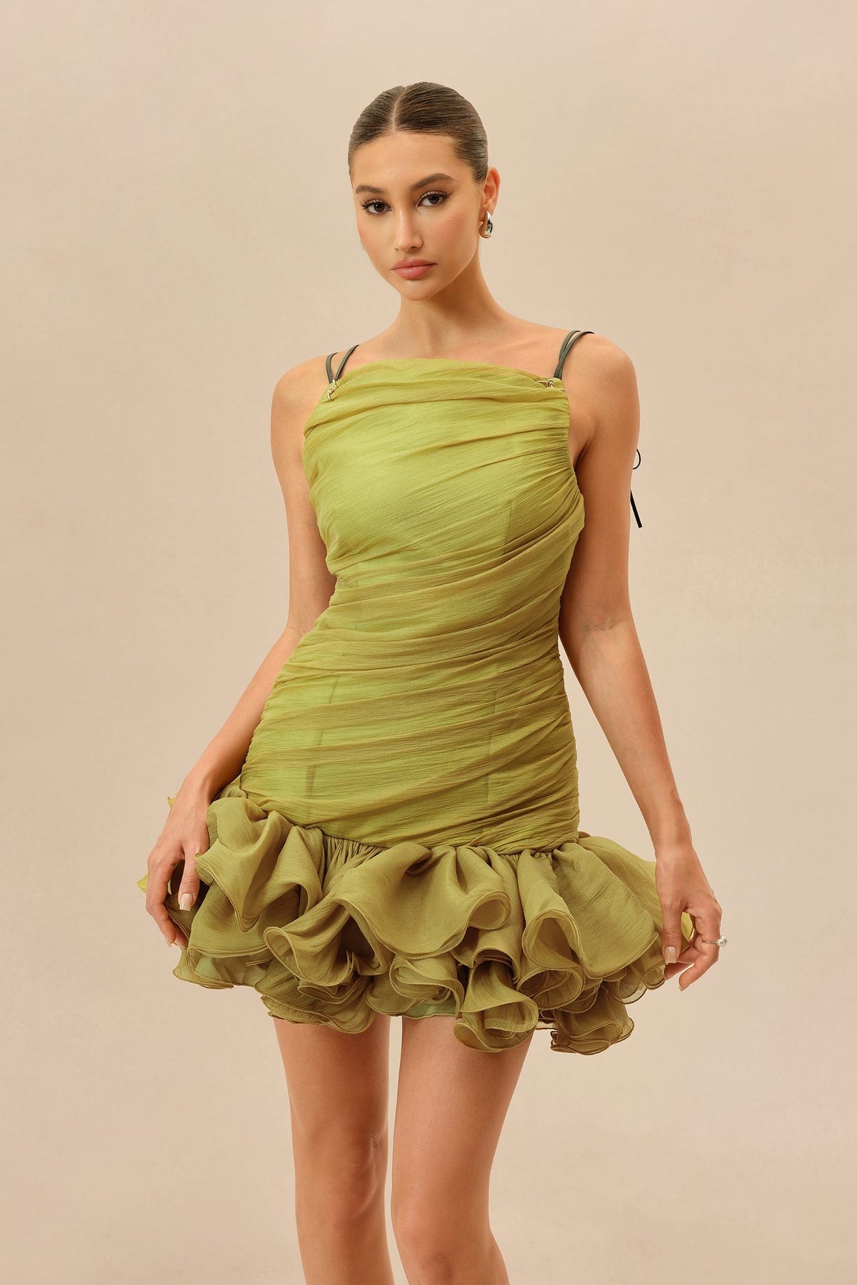 Olive Ruched Bodice Ruffled Hem Asymmetric Neckline Party Mini Dress