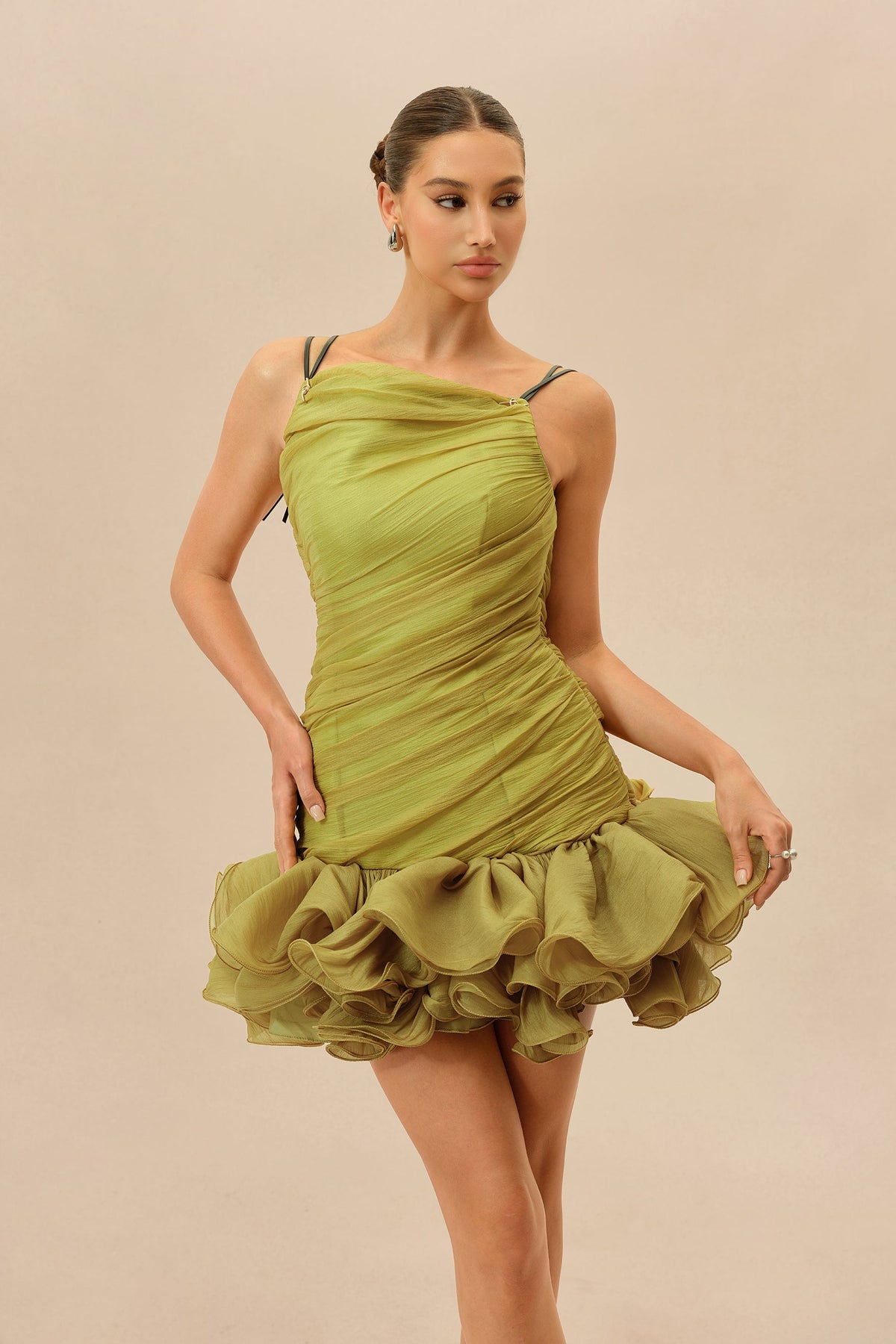 Olive Ruched Bodice Ruffled Hem Asymmetric Neckline Party Mini Dress