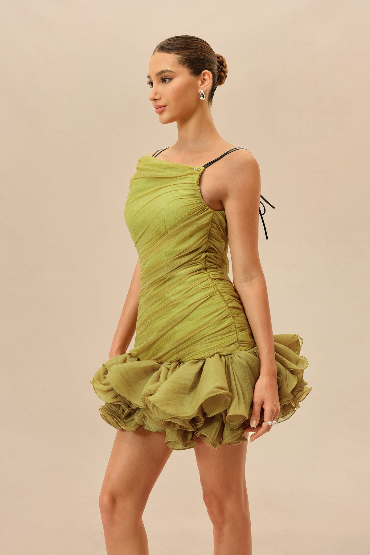 Olive Ruched Bodice Ruffled Hem Asymmetric Neckline Party Mini Dress