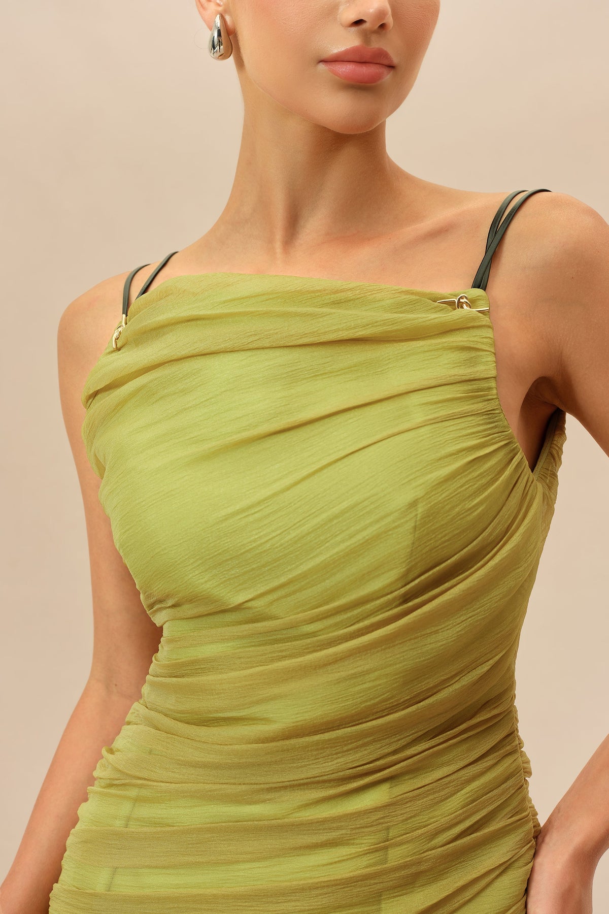 Olive Ruched Bodice Ruffled Hem Asymmetric Neckline Party Mini Dress