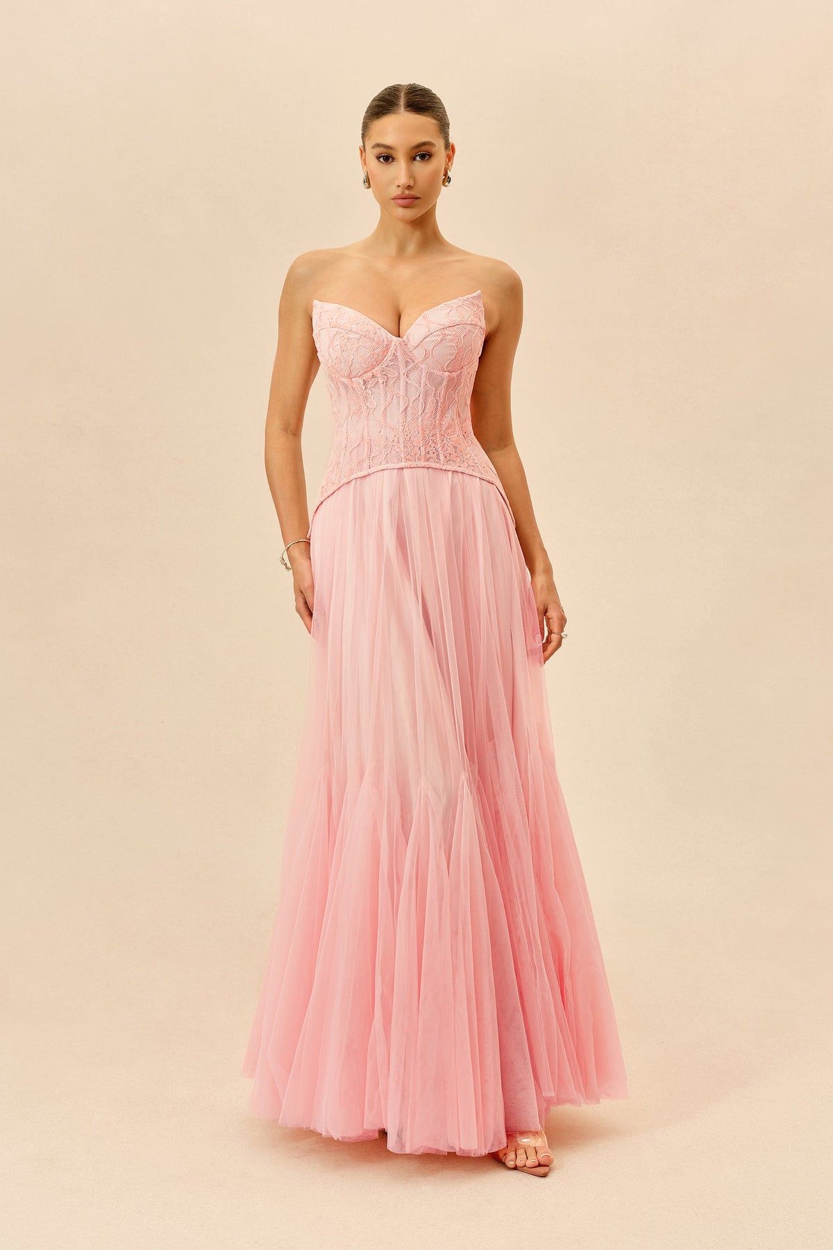 Pink Lace Organza Corset Sweetheart Strapless Wedding Guest Maxi Dress