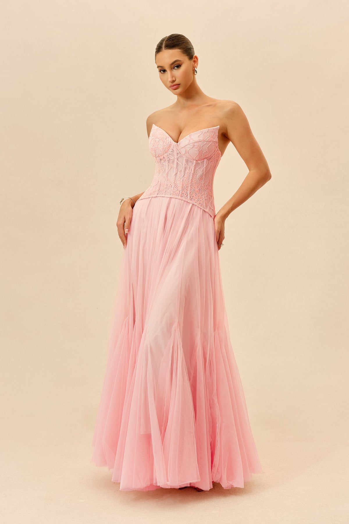 Pink Lace Organza Corset Sweetheart Strapless Wedding Guest Maxi Dress