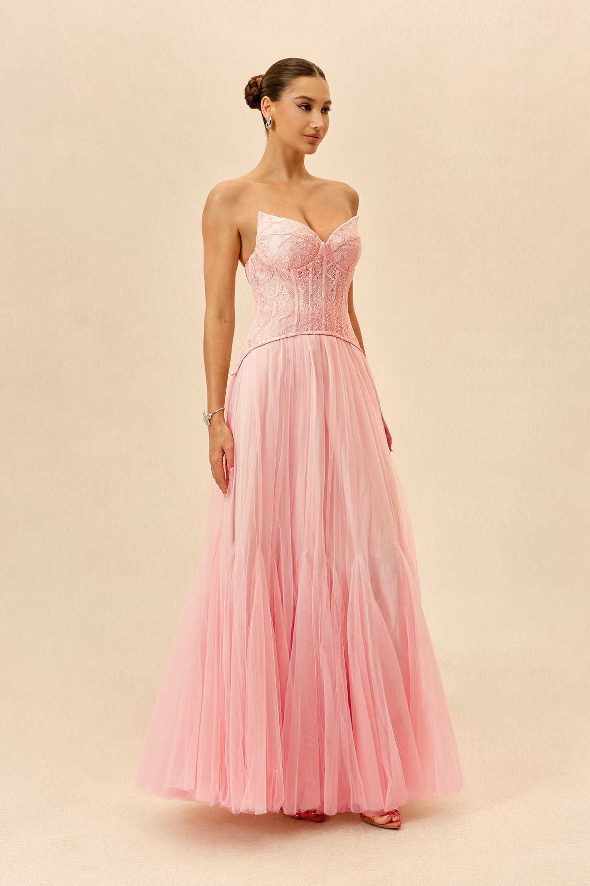 Pink Lace Organza Corset Sweetheart Strapless Wedding Guest Maxi Dress
