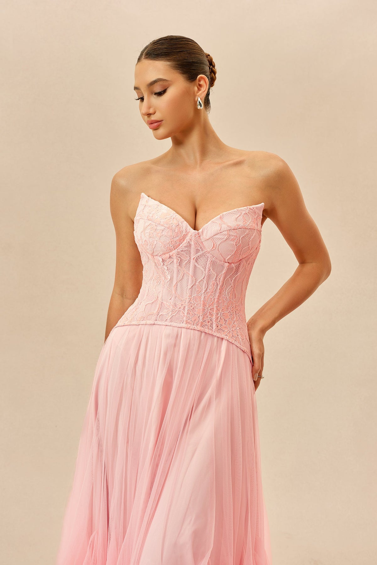 Pink Lace Organza Corset Sweetheart Strapless Wedding Guest Maxi Dress