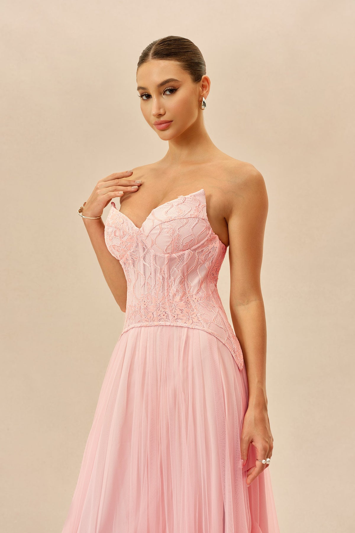 Pink Lace Organza Corset Sweetheart Strapless Wedding Guest Maxi Dress