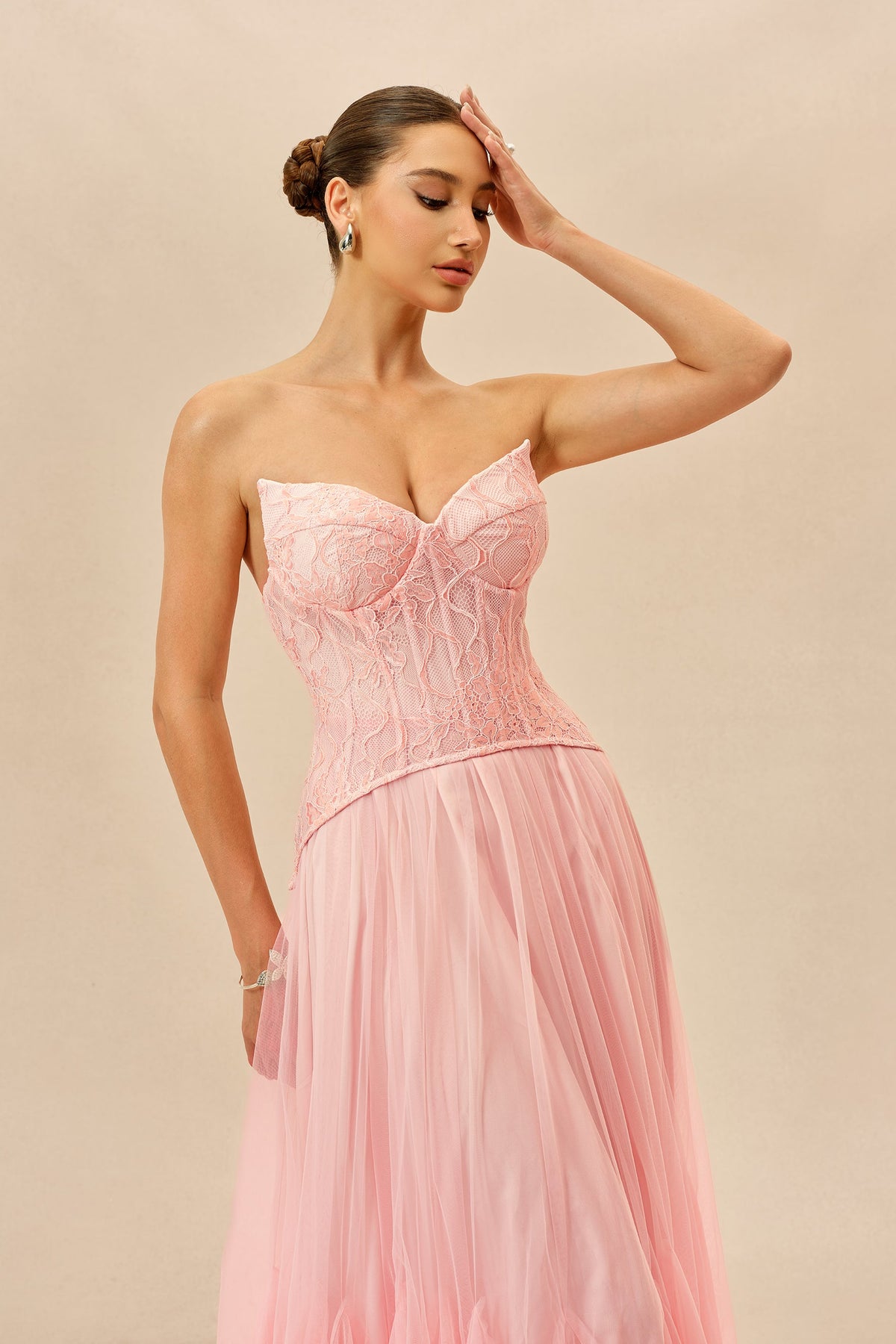 Pink Lace Organza Corset Sweetheart Strapless Wedding Guest Maxi Dress