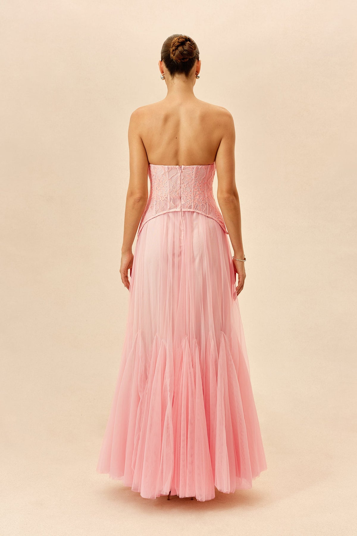 Pink Lace Organza Corset Sweetheart Strapless Wedding Guest Maxi Dress