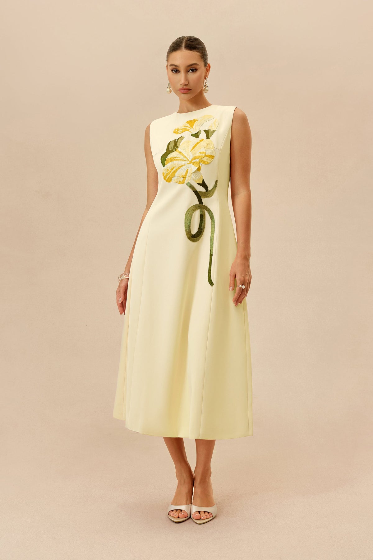 Light Yellow Floral Embroidered Sleeveless A-Line Midi Dress