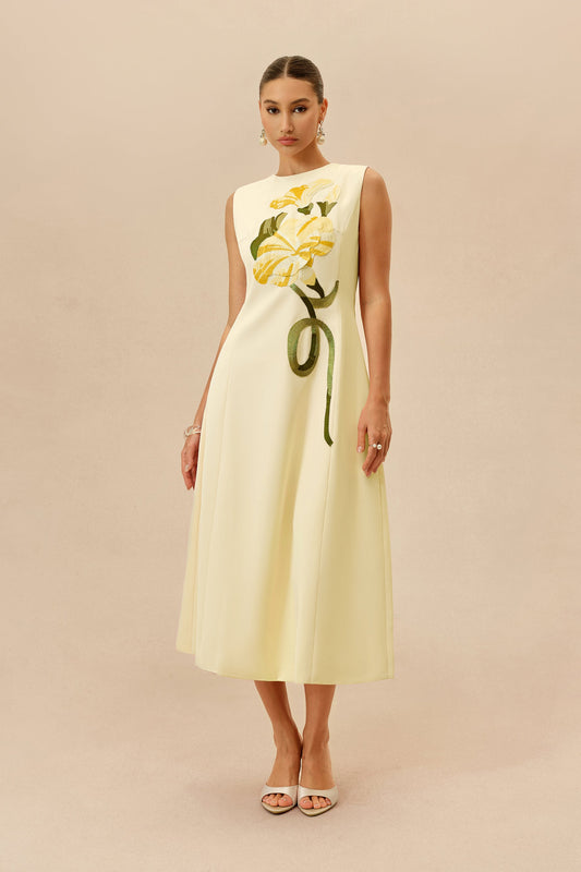 Light Yellow Floral Embroidered Sleeveless A-Line Midi Dress