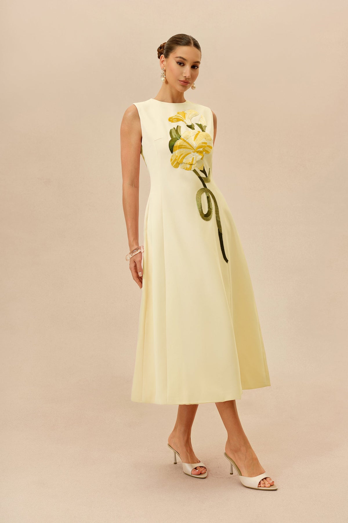 Light Yellow Floral Embroidered Sleeveless A-Line Midi Dress
