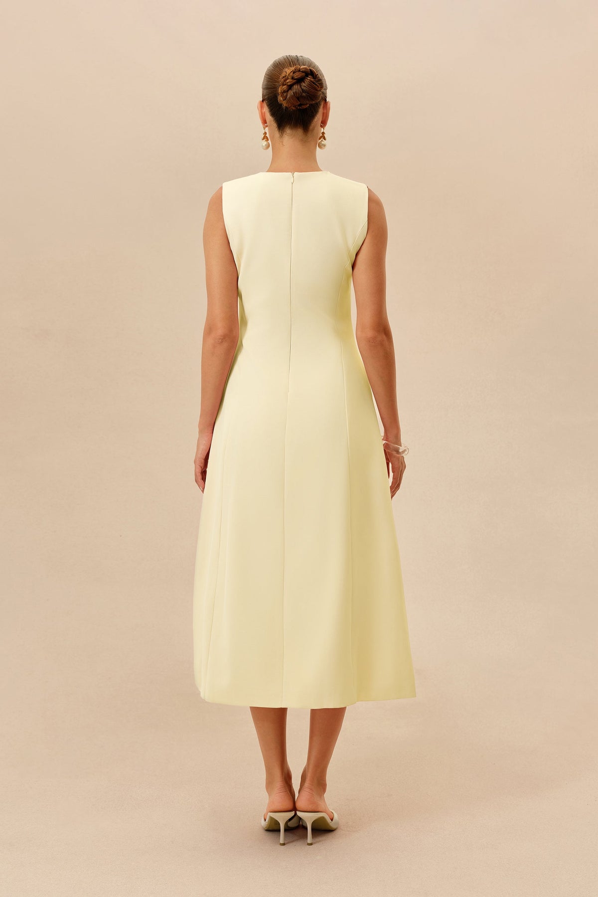 Light Yellow Floral Embroidered Sleeveless A-Line Midi Dress