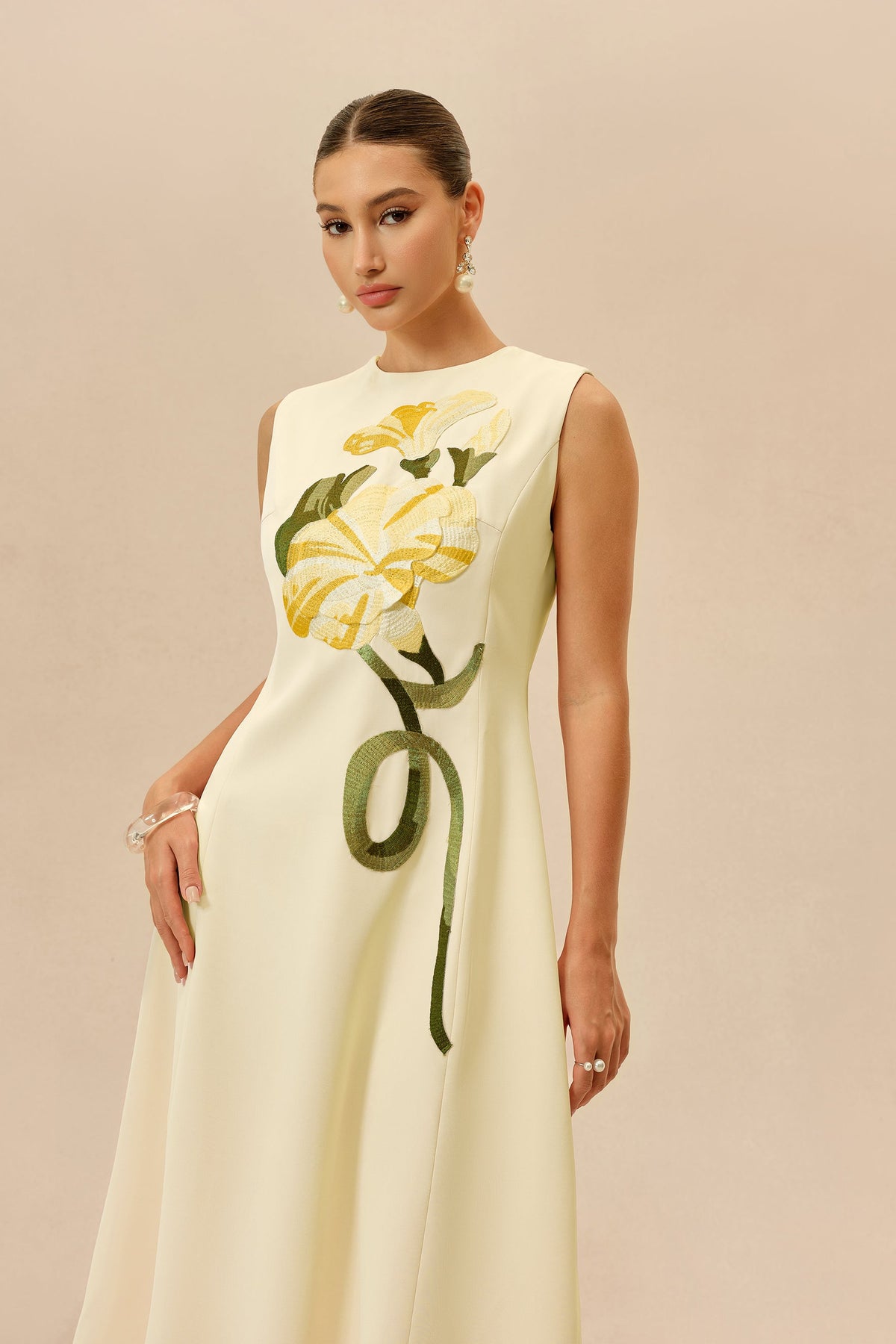 Light Yellow Floral Embroidered Sleeveless A-Line Midi Dress
