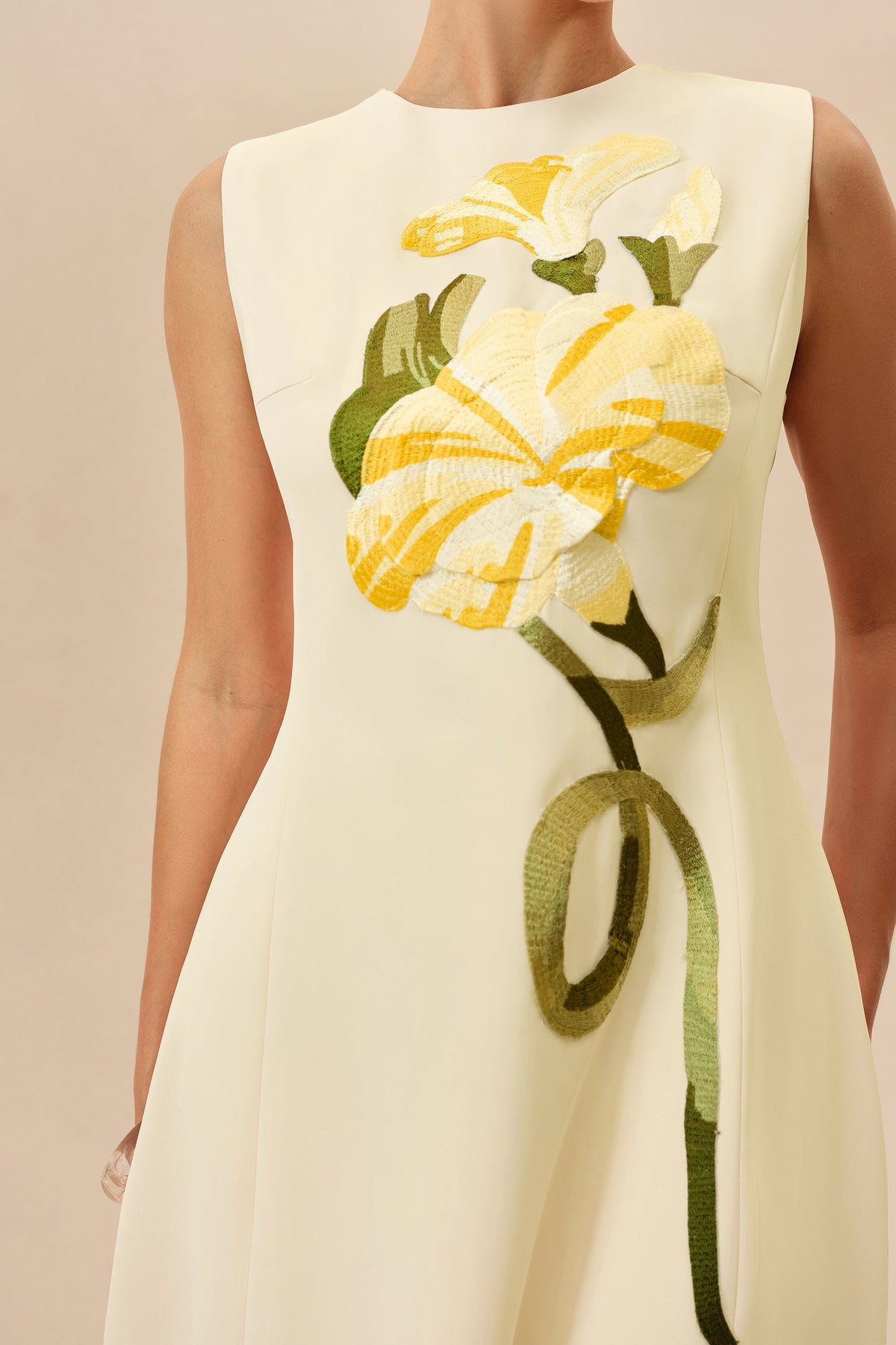 Light Yellow Floral Embroidered Sleeveless A-Line Midi Dress
