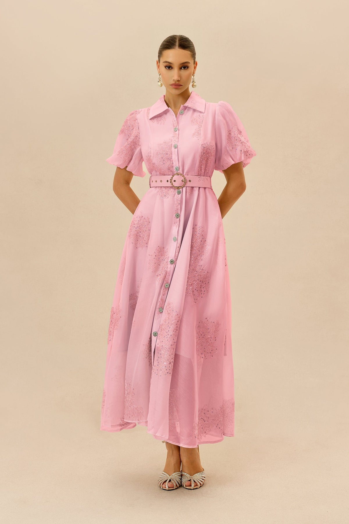 Pink Sequined Floral Embroidered Belted Short Puff-Sleeve Maxi Dress