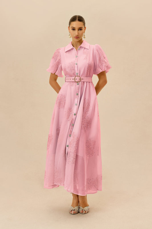 Pink Sequined Floral Embroidered Belted Short Puff-Sleeve Maxi Dress